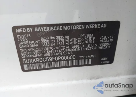2015 BMW X5 xDrive35I from USA, damaged, VIN 5UXKR0C59F0P00600